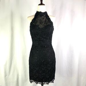 Alyce Paris LBD black formal bodycon dress lace beaded halter neck open back 4